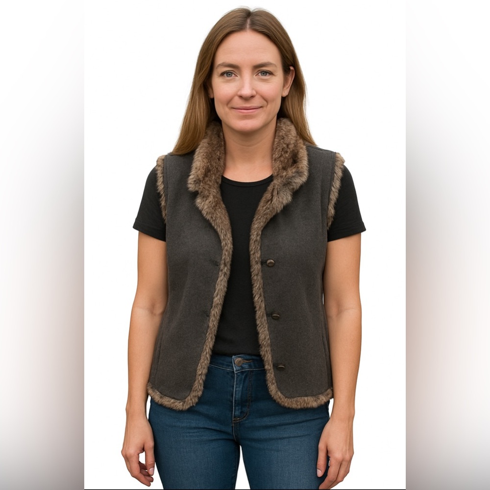 J Jill Vest Grey With Faux Fur Collar. - Picture 1 of 10